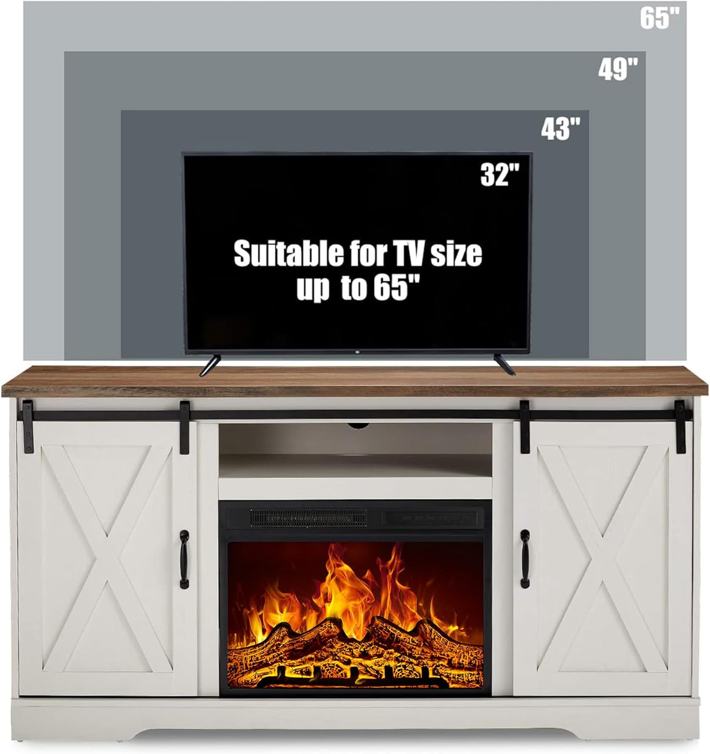 59" Fireplace TV Stand for TVs up to 65", Farmhouse Entertainment Center with Sliding Barn Doors, Storage Cabinets and Adjustable Shelves, Distressed White & Barnwood