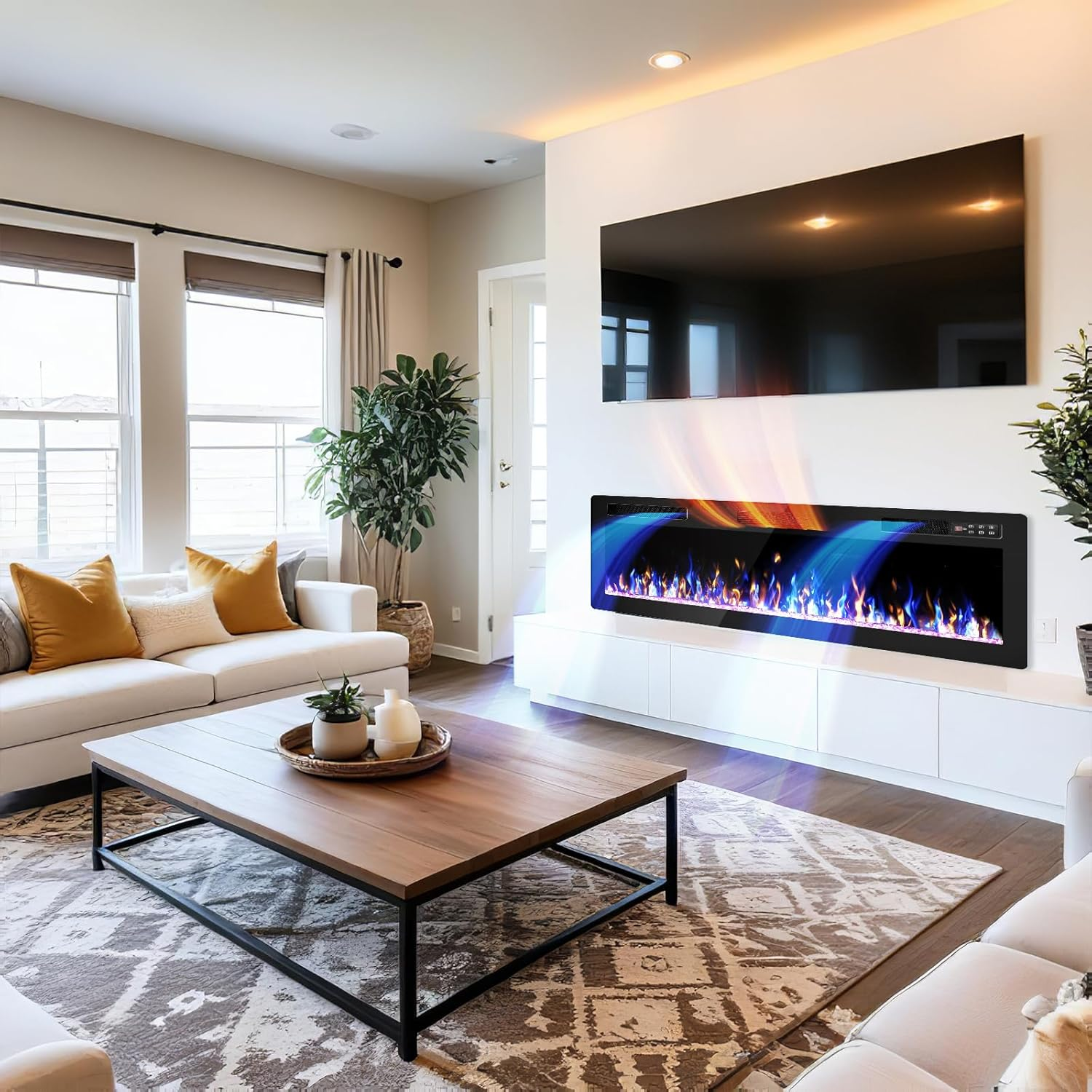 72 Inch Electric Fireplace, Ultra-Thin Fire Places Electric Fireplace Inserts Recessed and Wall Mounted with Remote Control, 750W/1500W Fireplace Electric Heater with Timer, Multi-Flame