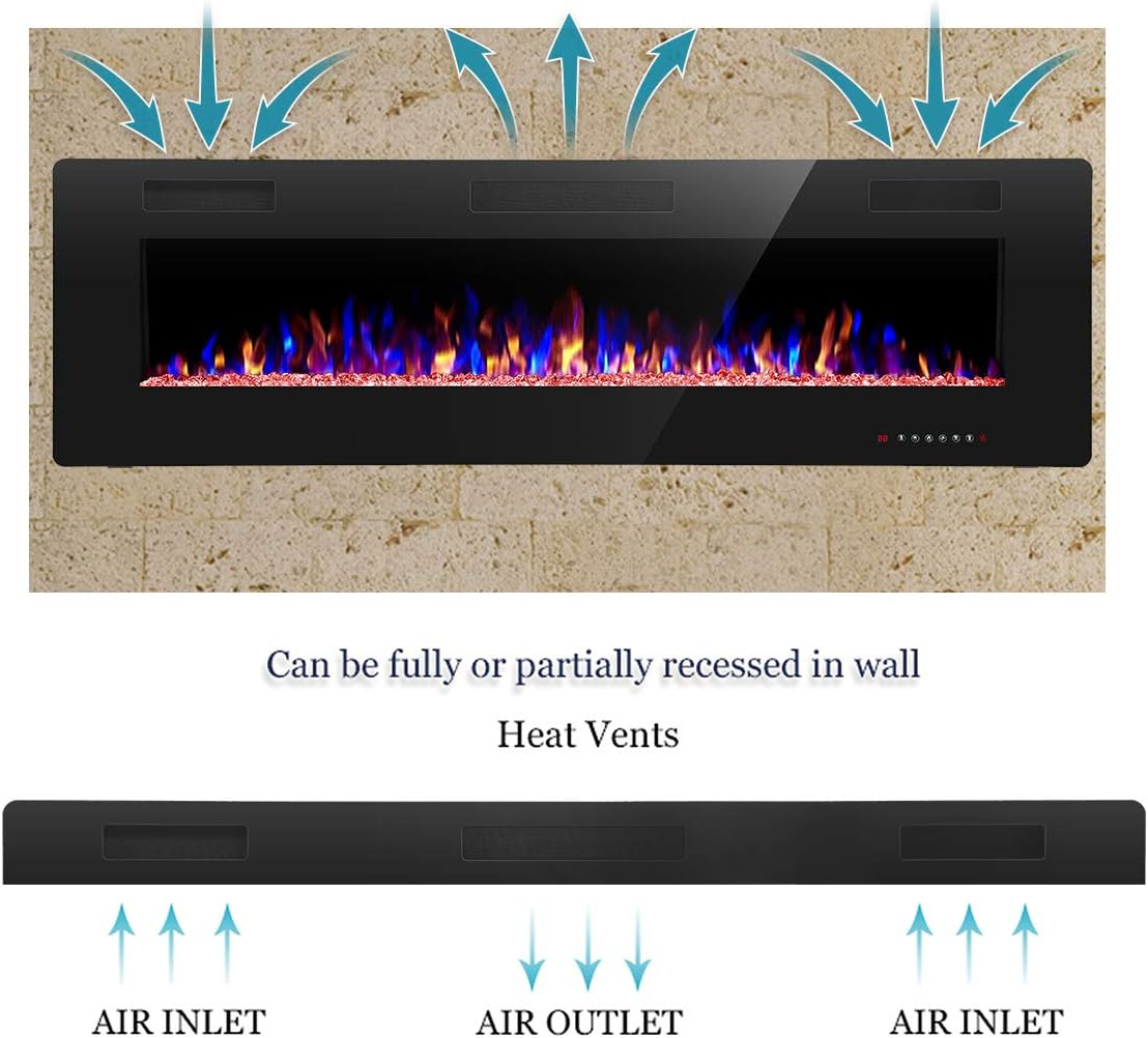 60" Recessed and Wall Mounted Electric Fireplace, Low Noise, Fit for 2 x 6 Stud, Remote Control with Timer, Touch Screen, Adjustable Flame Color and Speed, 750-1500W