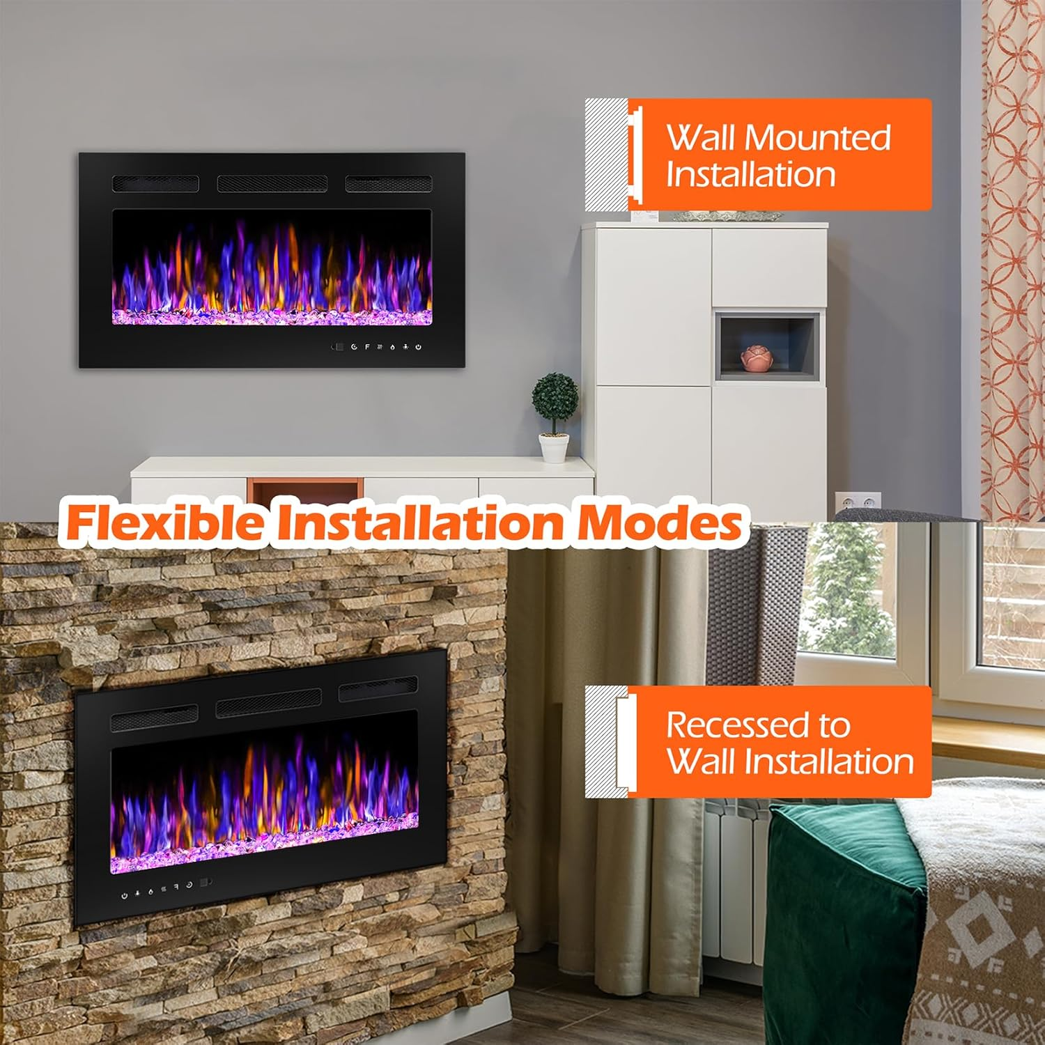 30" Electric Fireplace Wall Mounted and Recessed with Remote Control, 750/1500W Ultra-Thin Wall Fireplace Heater W/Timer Adjustable Flame Color and Brightness, Log Set & Crystal Options