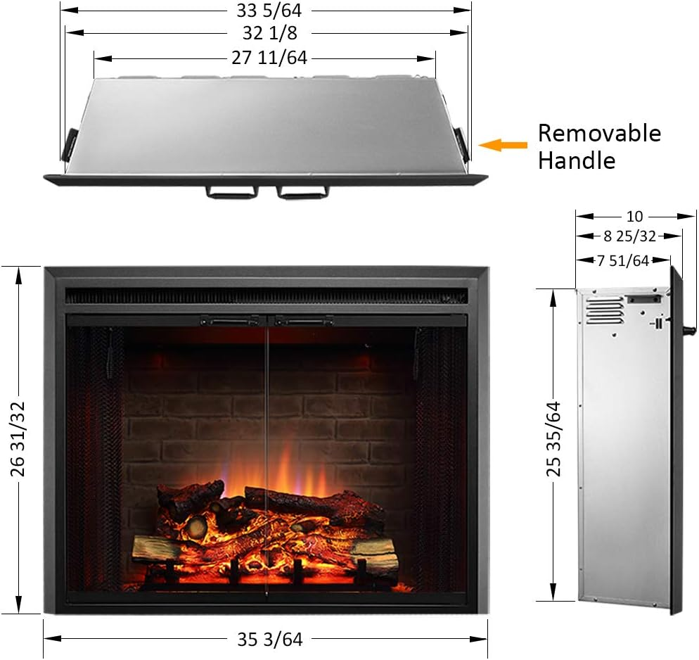  Electric Fireplace Insert with Fire Crackling Sound, Glass Door and Mesh Screen, 750/1500W, Black, 33 1/16 Inches Wide, 25 9/16 Inches High