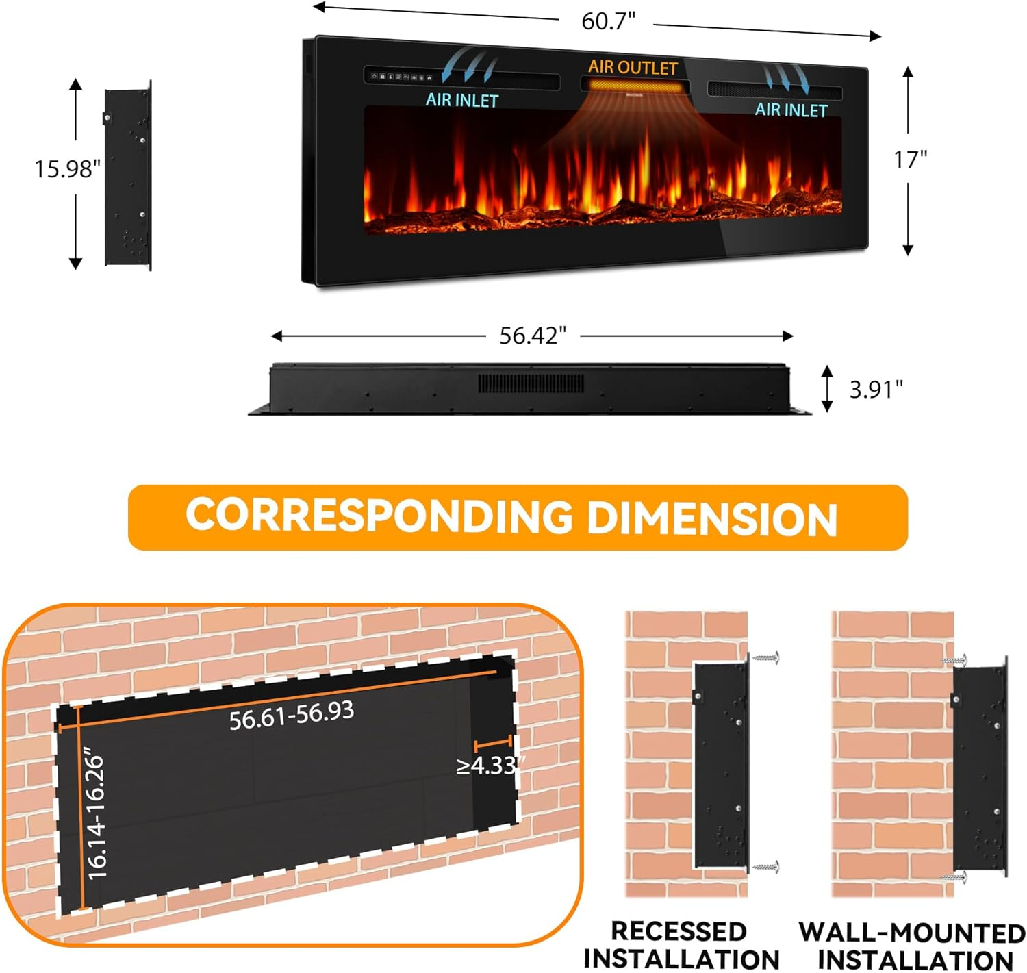 60 Inch Electric Fireplace in-Wall Recessed and Wall Mounted, Ultra-Thin Linear Fireplace Heater 750/1500W with Realistic Flame, Higher Temperatures & Lower Noise, Log Set & Crystal Options