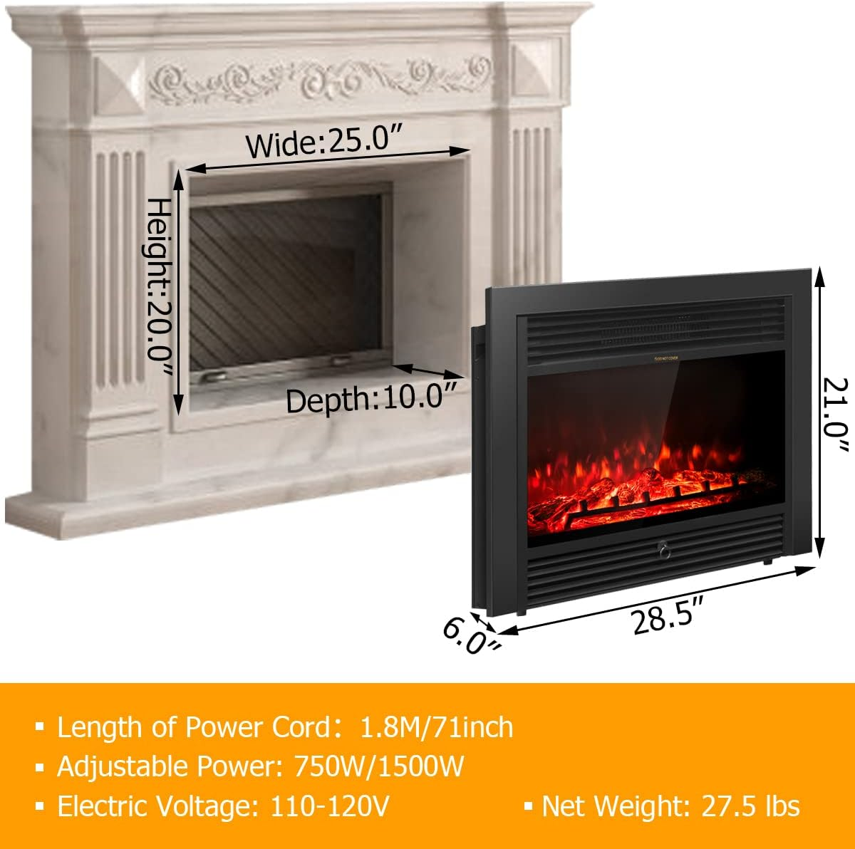 28.5" Electric Fireplace Insert, Wall Recessed/Mounted, Freestanding Fireplace with Remote Control, 3 Color Adjustable Flames, 2 Modes Heat, 8 H Timer, 5 Brightness Settings, 750/1500W Heater