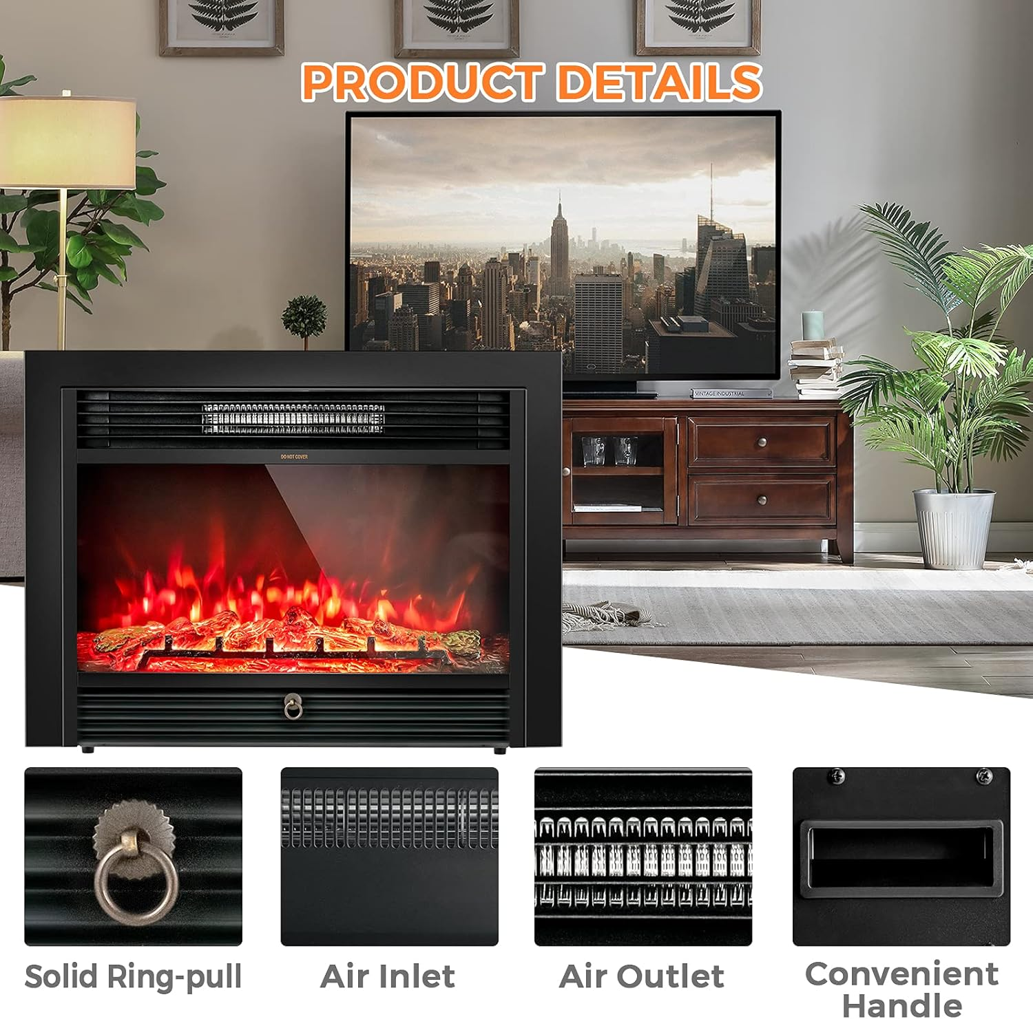 28.5" Electric Fireplace Insert, Wall Recessed/Mounted, Freestanding Fireplace with Remote Control, 3 Color Adjustable Flames, 2 Modes Heat, 8 H Timer, 5 Brightness Settings, 750/1500W Heater