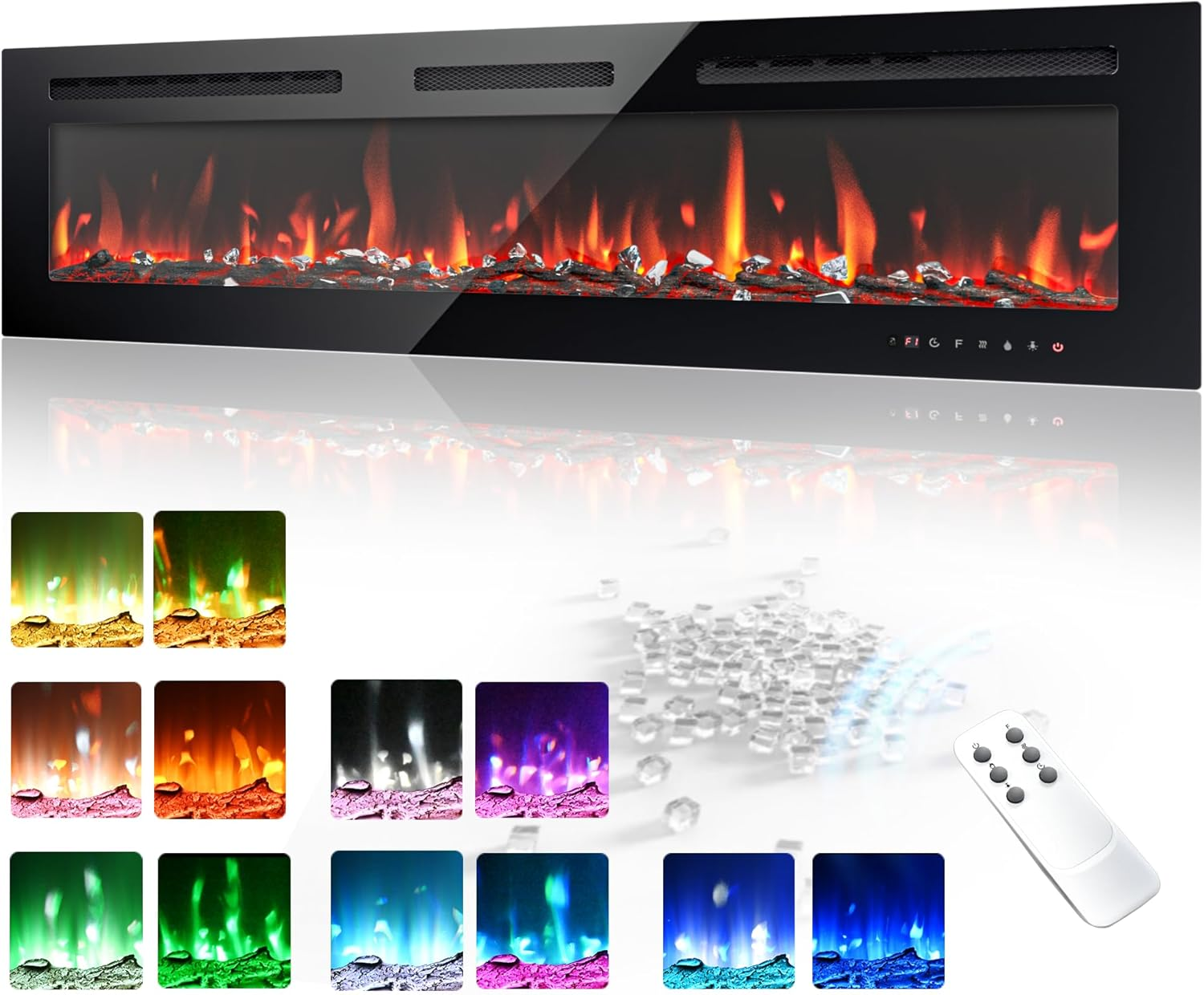  60 Inch Electric Fireplace Wall Recessed and Wall Mounted with Adjustable Flame Color, Fireplace Heater with Remote Control, Linear Fireplace with Timer, Touch Screen, Log & Crystal, 750/1500W