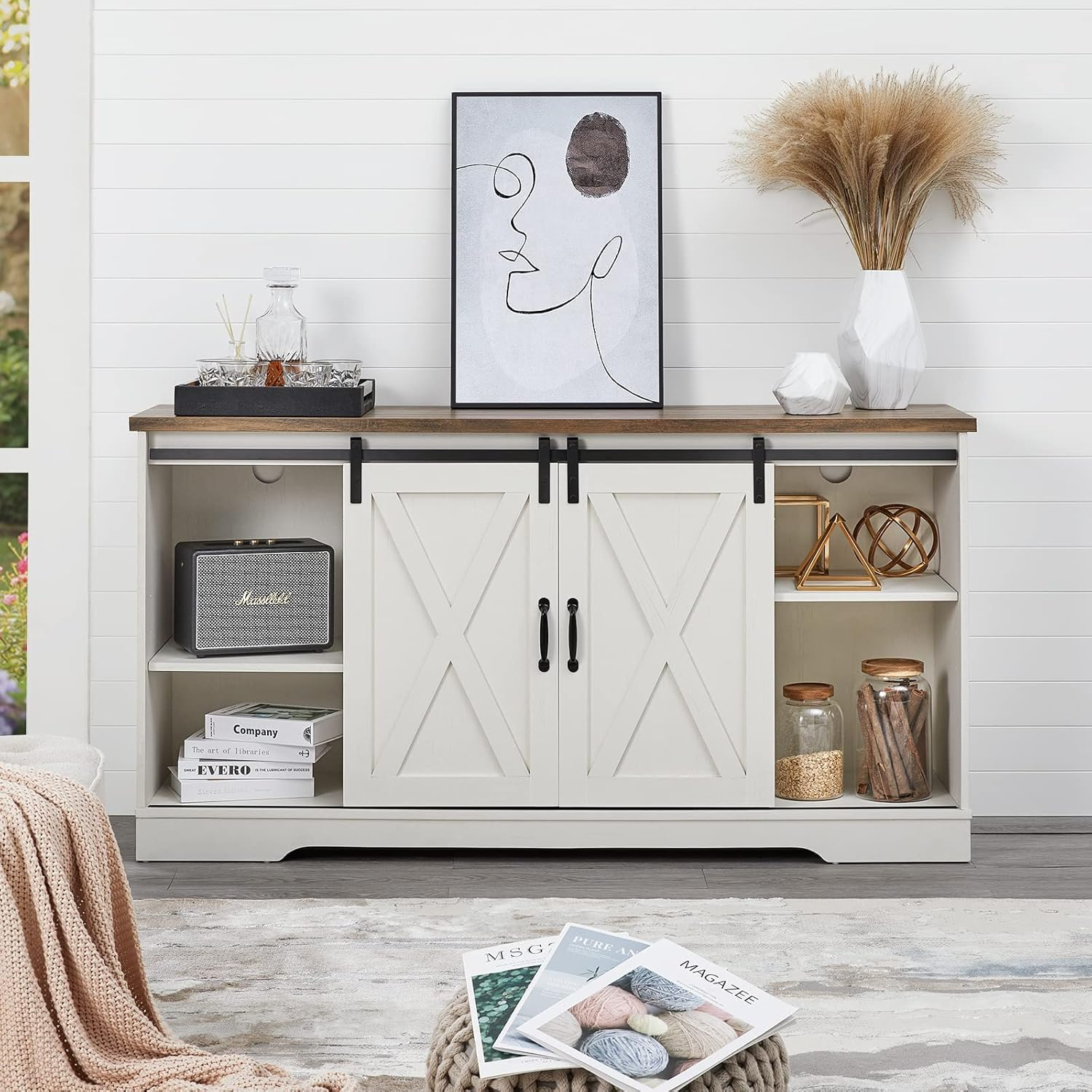 59" Fireplace TV Stand for TVs up to 65", Farmhouse Entertainment Center with Sliding Barn Doors, Storage Cabinets and Adjustable Shelves, Distressed White & Barnwood