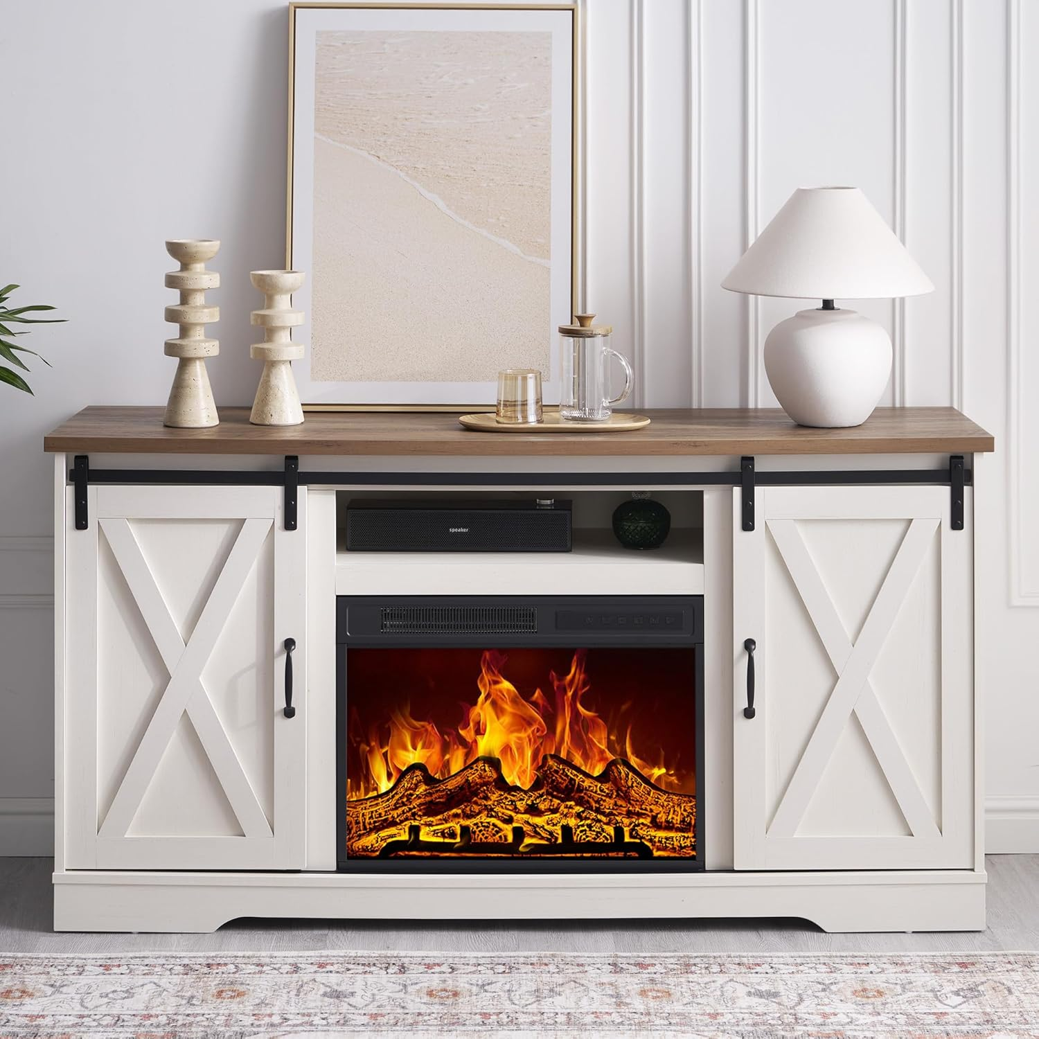 59" Fireplace TV Stand for TVs up to 65", Farmhouse Entertainment Center with Sliding Barn Doors, Storage Cabinets and Adjustable Shelves, Distressed White & Barnwood