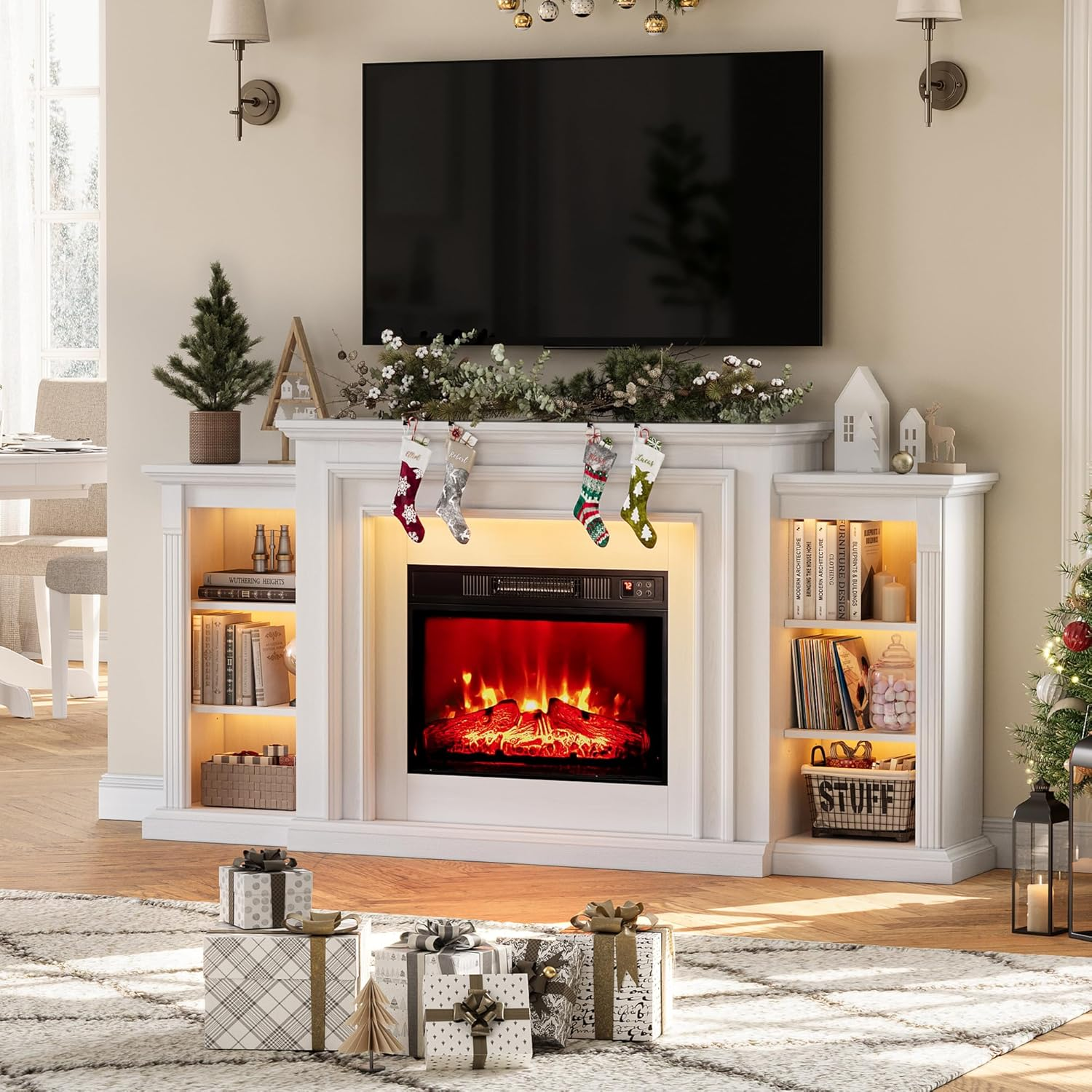 72" LED Lights Electric Fireplace with Mantel, Fireplace TV Stand for 80 Inch TV, Entertainment Center with Fire Place Insert for Living Room, White
