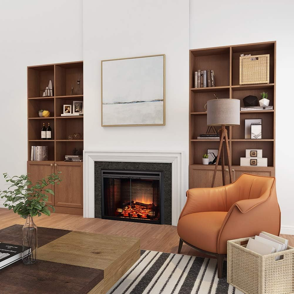  Electric Fireplace Insert with Fire Crackling Sound, Glass Door and Mesh Screen, 750/1500W, Black, 33 1/16 Inches Wide, 25 9/16 Inches High