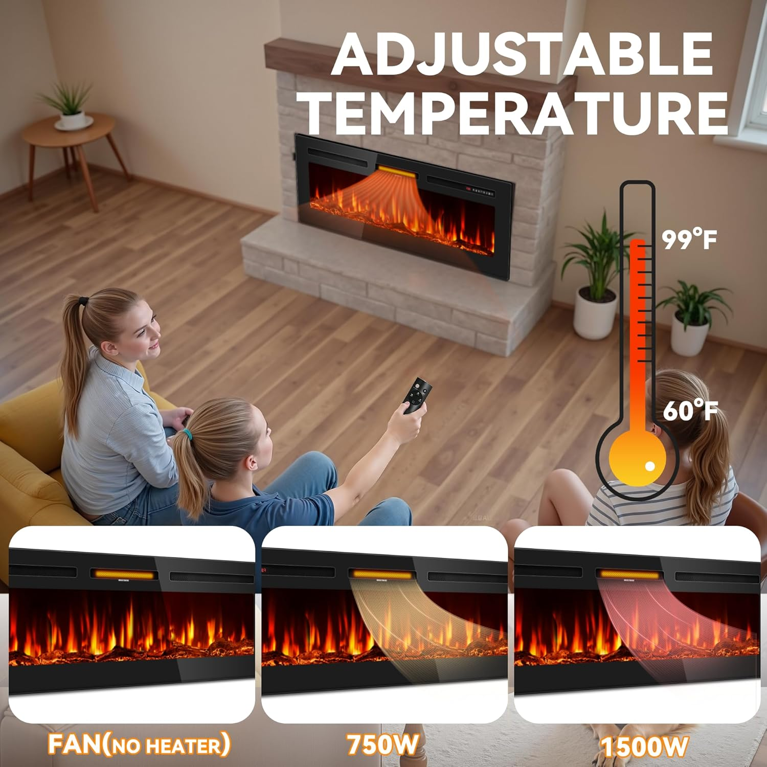 60 Inch Electric Fireplace in-Wall Recessed and Wall Mounted, Ultra-Thin Linear Fireplace Heater 750/1500W with Realistic Flame, Higher Temperatures & Lower Noise, Log Set & Crystal Options