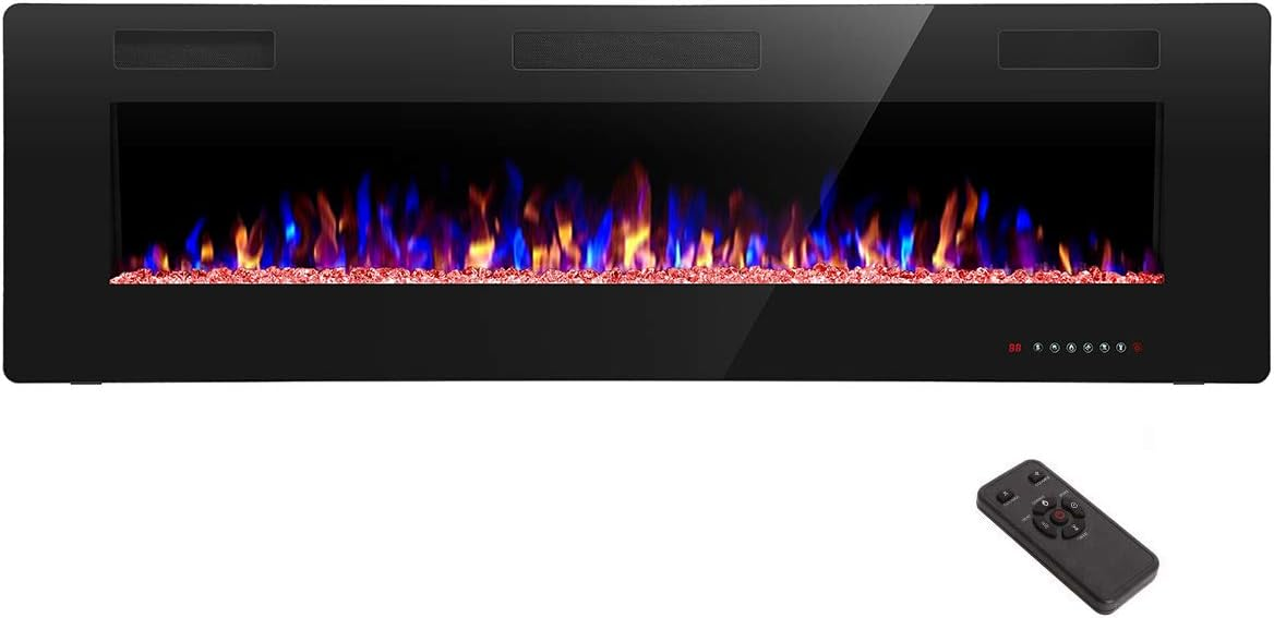 60" Recessed and Wall Mounted Electric Fireplace, Low Noise, Fit for 2 x 6 Stud, Remote Control with Timer, Touch Screen, Adjustable Flame Color and Speed, 750-1500W