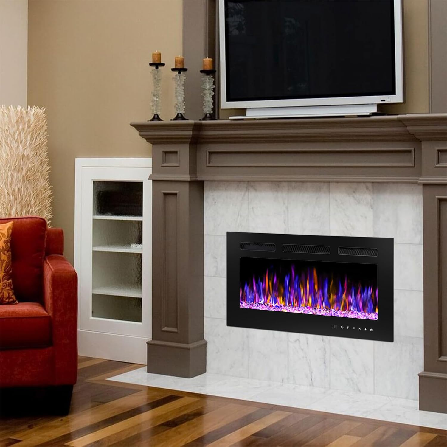 30" Electric Fireplace Wall Mounted and Recessed with Remote Control, 750/1500W Ultra-Thin Wall Fireplace Heater W/Timer Adjustable Flame Color and Brightness, Log Set & Crystal Options
