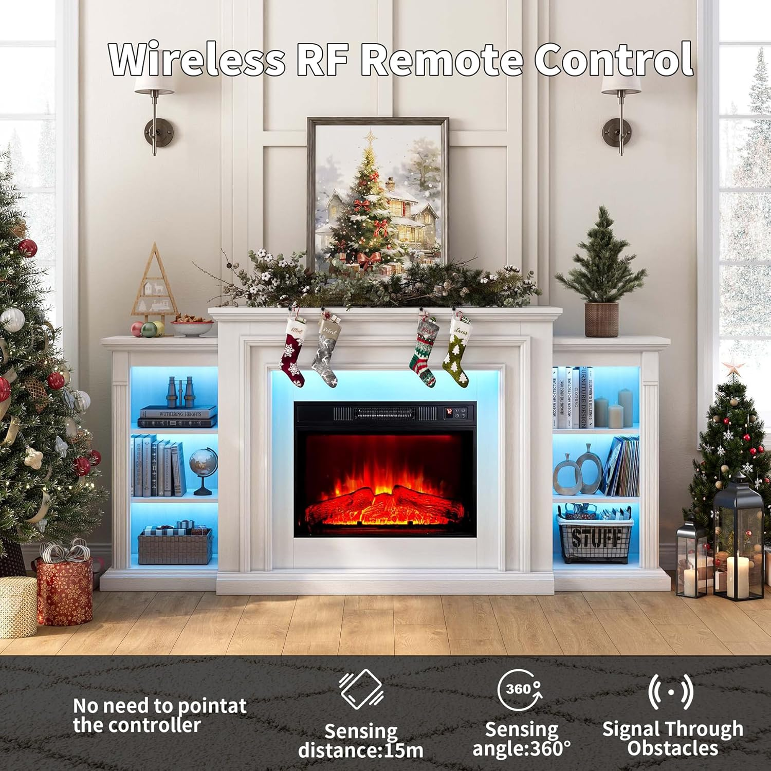 72" LED Lights Electric Fireplace with Mantel, Fireplace TV Stand for 80 Inch TV, Entertainment Center with Fire Place Insert for Living Room, White