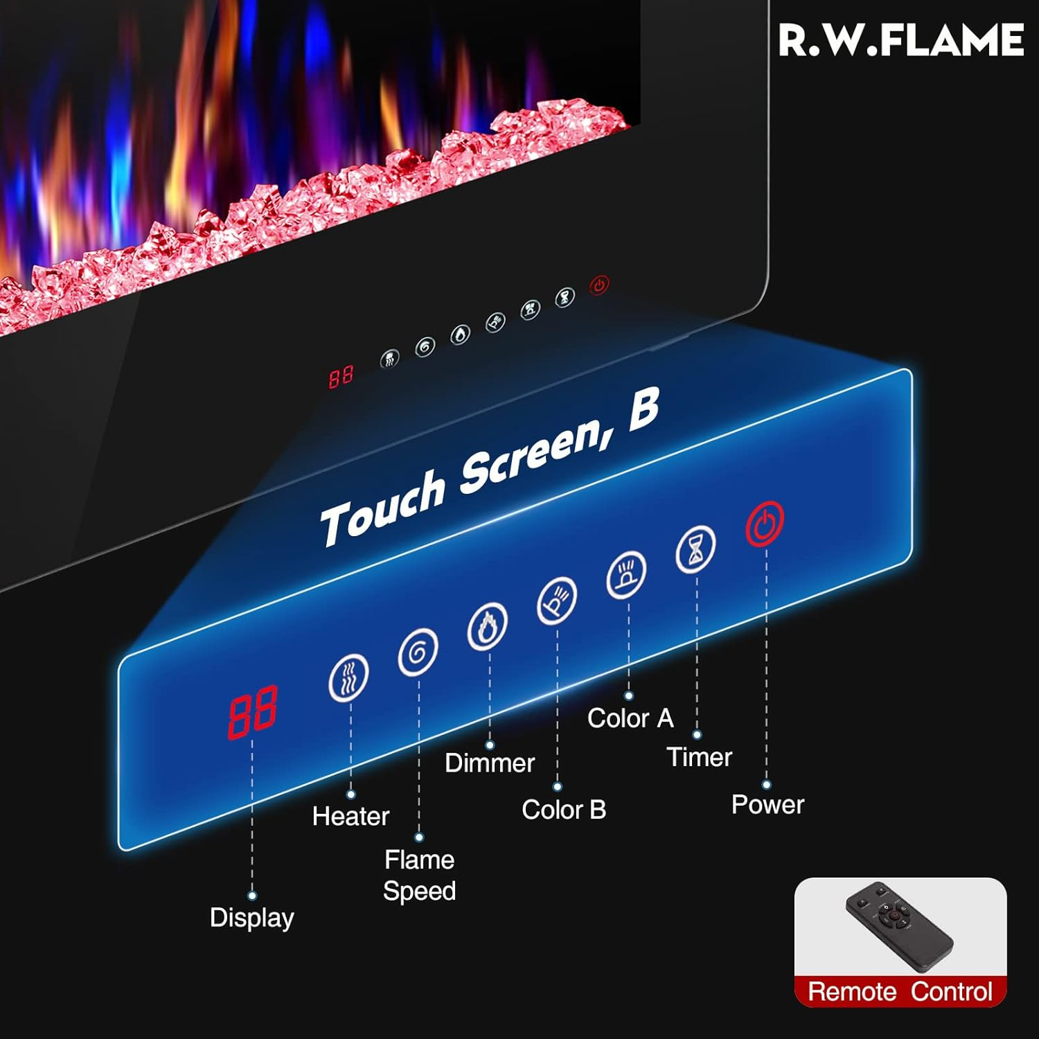 60" Recessed and Wall Mounted Electric Fireplace, Low Noise, Fit for 2 x 6 Stud, Remote Control with Timer, Touch Screen, Adjustable Flame Color and Speed, 750-1500W