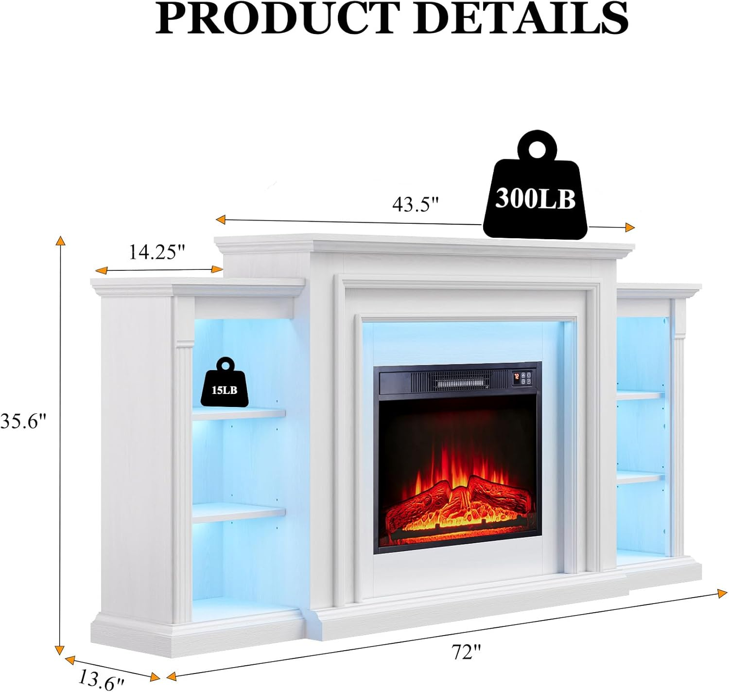 72" LED Lights Electric Fireplace with Mantel, Fireplace TV Stand for 80 Inch TV, Entertainment Center with Fire Place Insert for Living Room, White