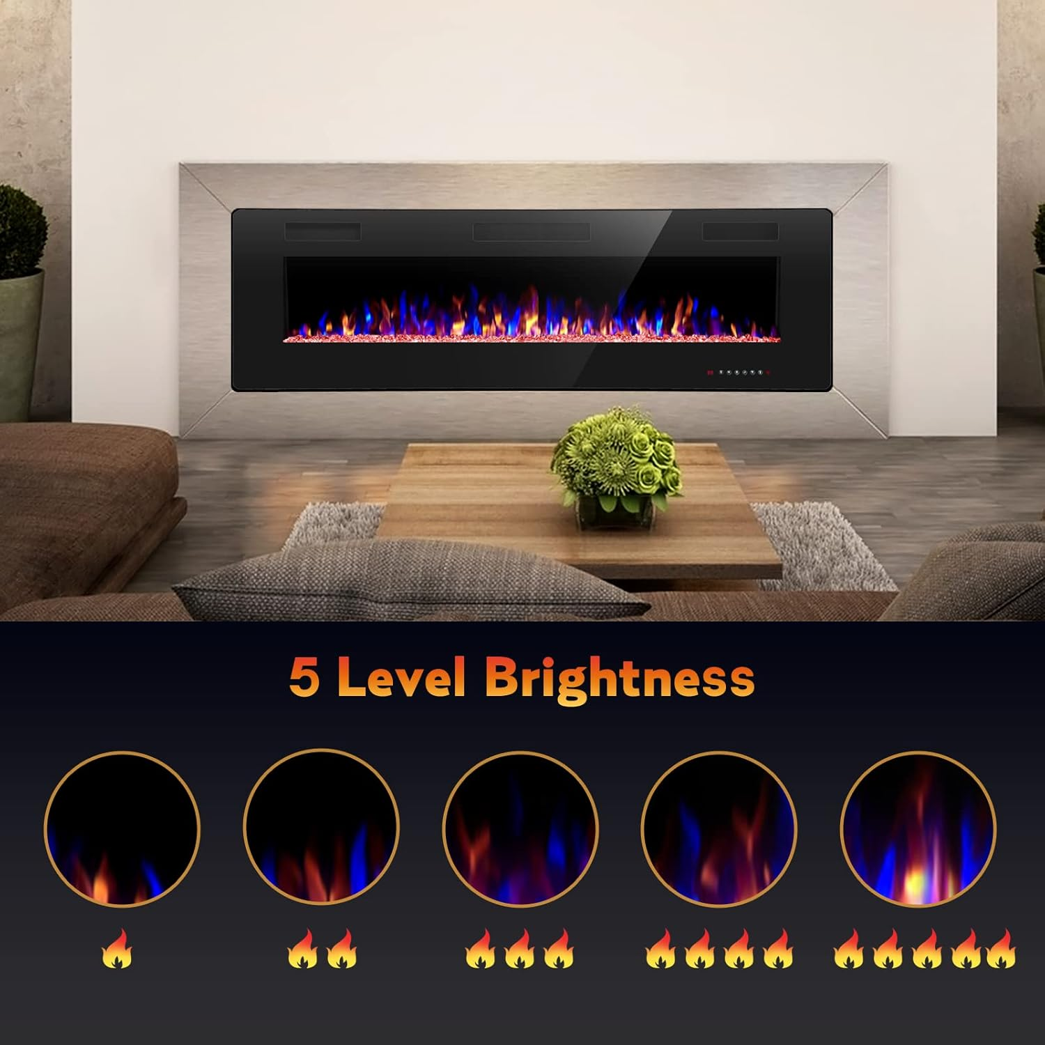 60" Recessed and Wall Mounted Electric Fireplace, Low Noise, Fit for 2 x 6 Stud, Remote Control with Timer, Touch Screen, Adjustable Flame Color and Speed, 750-1500W