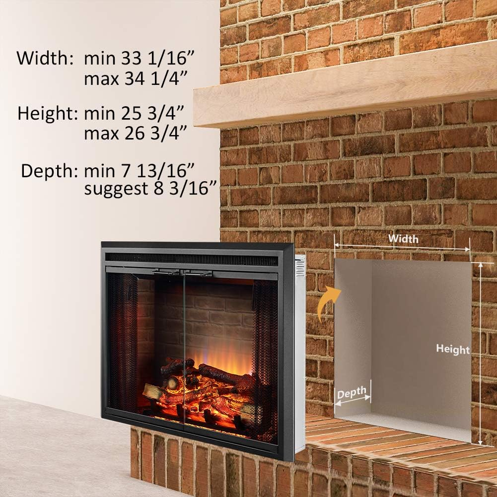  Electric Fireplace Insert with Fire Crackling Sound, Glass Door and Mesh Screen, 750/1500W, Black, 33 1/16 Inches Wide, 25 9/16 Inches High