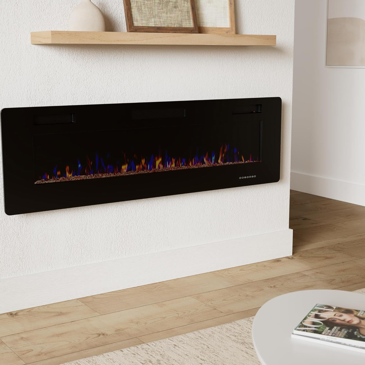 60" Recessed and Wall Mounted Electric Fireplace, Low Noise, Fit for 2 x 6 Stud, Remote Control with Timer, Touch Screen, Adjustable Flame Color and Speed, 750-1500W
