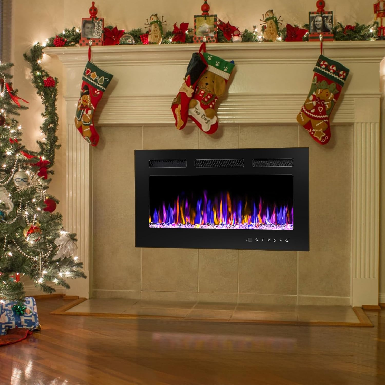 30" Electric Fireplace Wall Mounted and Recessed with Remote Control, 750/1500W Ultra-Thin Wall Fireplace Heater W/Timer Adjustable Flame Color and Brightness, Log Set & Crystal Options