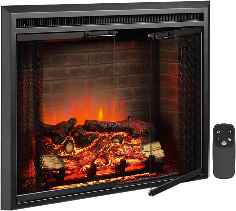  Electric Fireplace Insert with Fire Crackling Sound, Glass Door and Mesh Screen, 750/1500W, Black, 33 1/16 Inches Wide, 25 9/16 Inches High