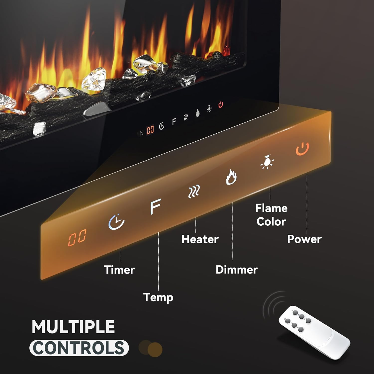  60 Inch Electric Fireplace Wall Recessed and Wall Mounted with Adjustable Flame Color, Fireplace Heater with Remote Control, Linear Fireplace with Timer, Touch Screen, Log & Crystal, 750/1500W