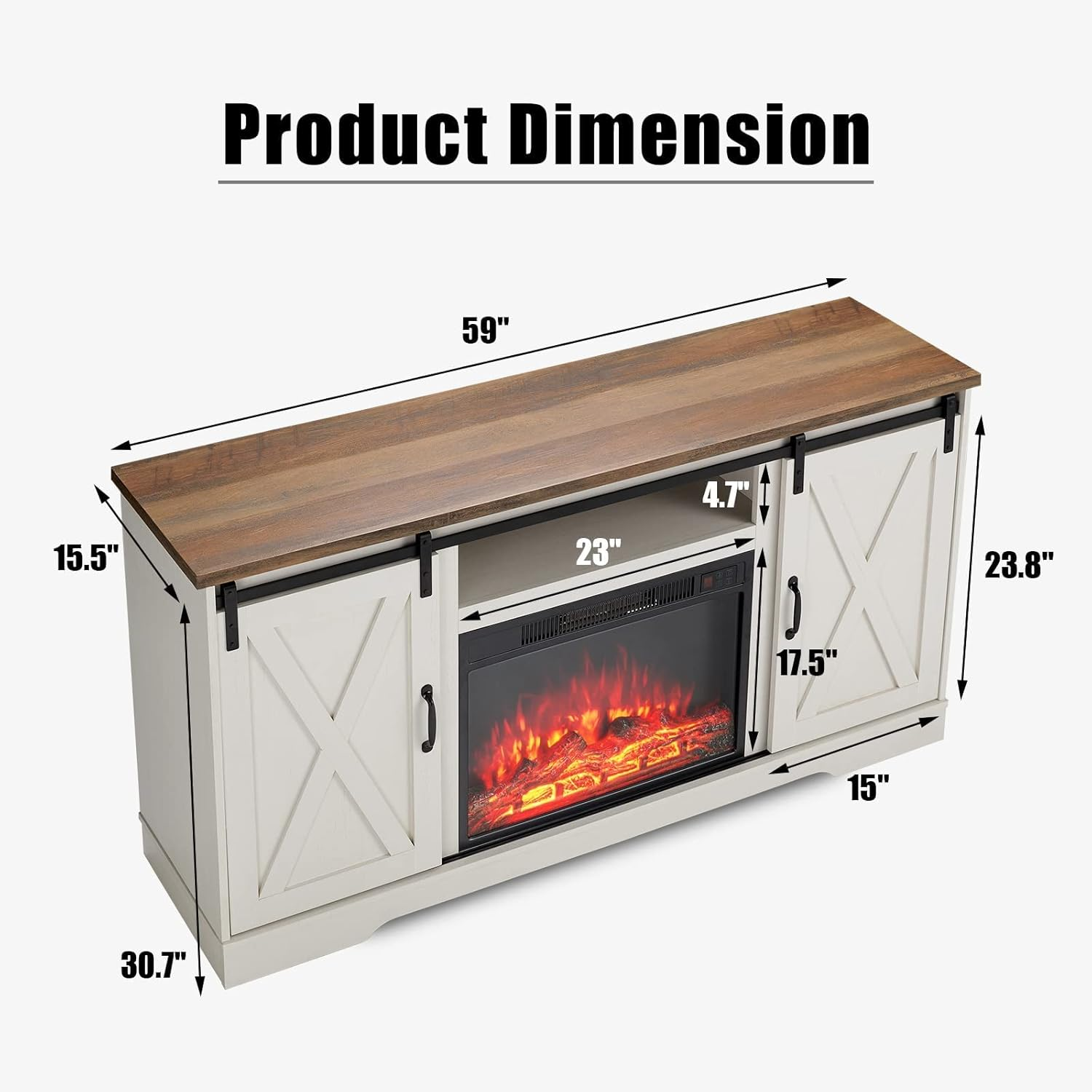 59" Fireplace TV Stand for TVs up to 65", Farmhouse Entertainment Center with Sliding Barn Doors, Storage Cabinets and Adjustable Shelves, Distressed White & Barnwood