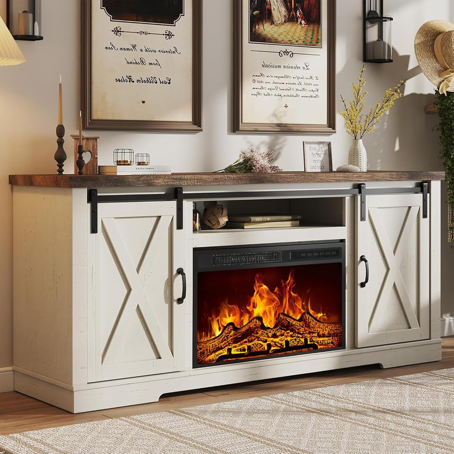59" Fireplace TV Stand for TVs up to 65", Farmhouse Entertainment Center with Sliding Barn Doors, Storage Cabinets and Adjustable Shelves, Distressed White & Barnwood
