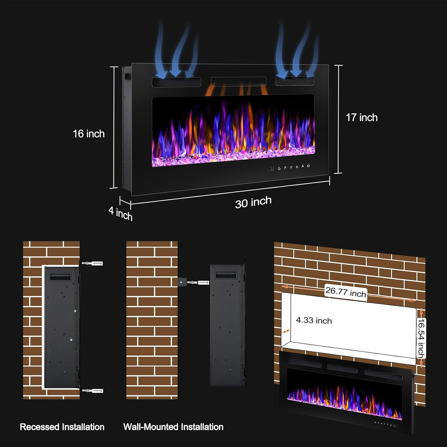 30" Electric Fireplace Wall Mounted and Recessed with Remote Control, 750/1500W Ultra-Thin Wall Fireplace Heater W/Timer Adjustable Flame Color and Brightness, Log Set & Crystal Options