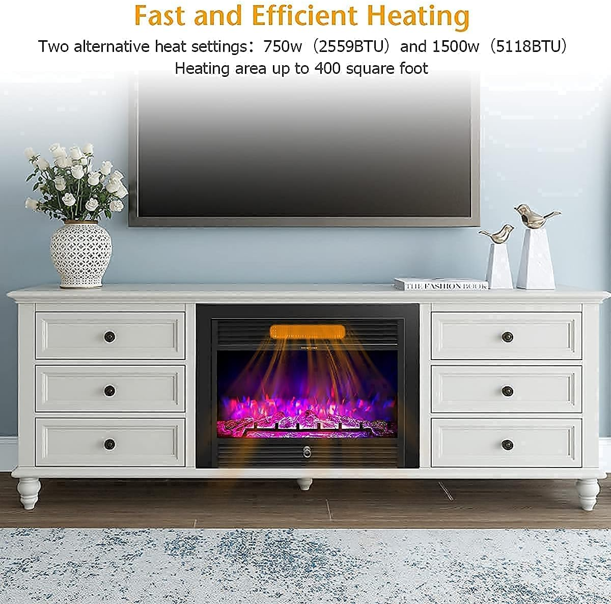 28.5" Electric Fireplace Insert, Wall Recessed/Mounted, Freestanding Fireplace with Remote Control, 3 Color Adjustable Flames, 2 Modes Heat, 8 H Timer, 5 Brightness Settings, 750/1500W Heater