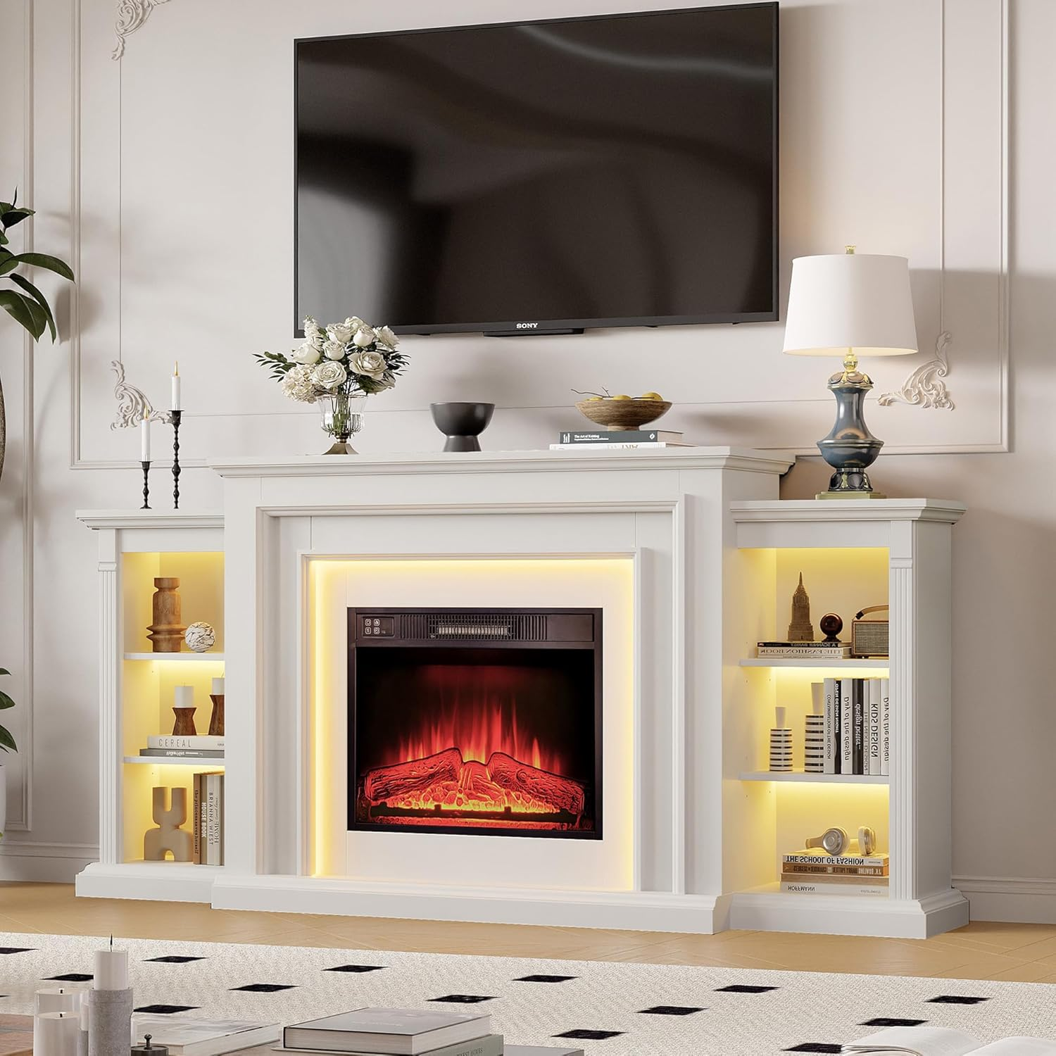 72" LED Lights Electric Fireplace with Mantel, Fireplace TV Stand for 80 Inch TV, Entertainment Center with Fire Place Insert for Living Room, White