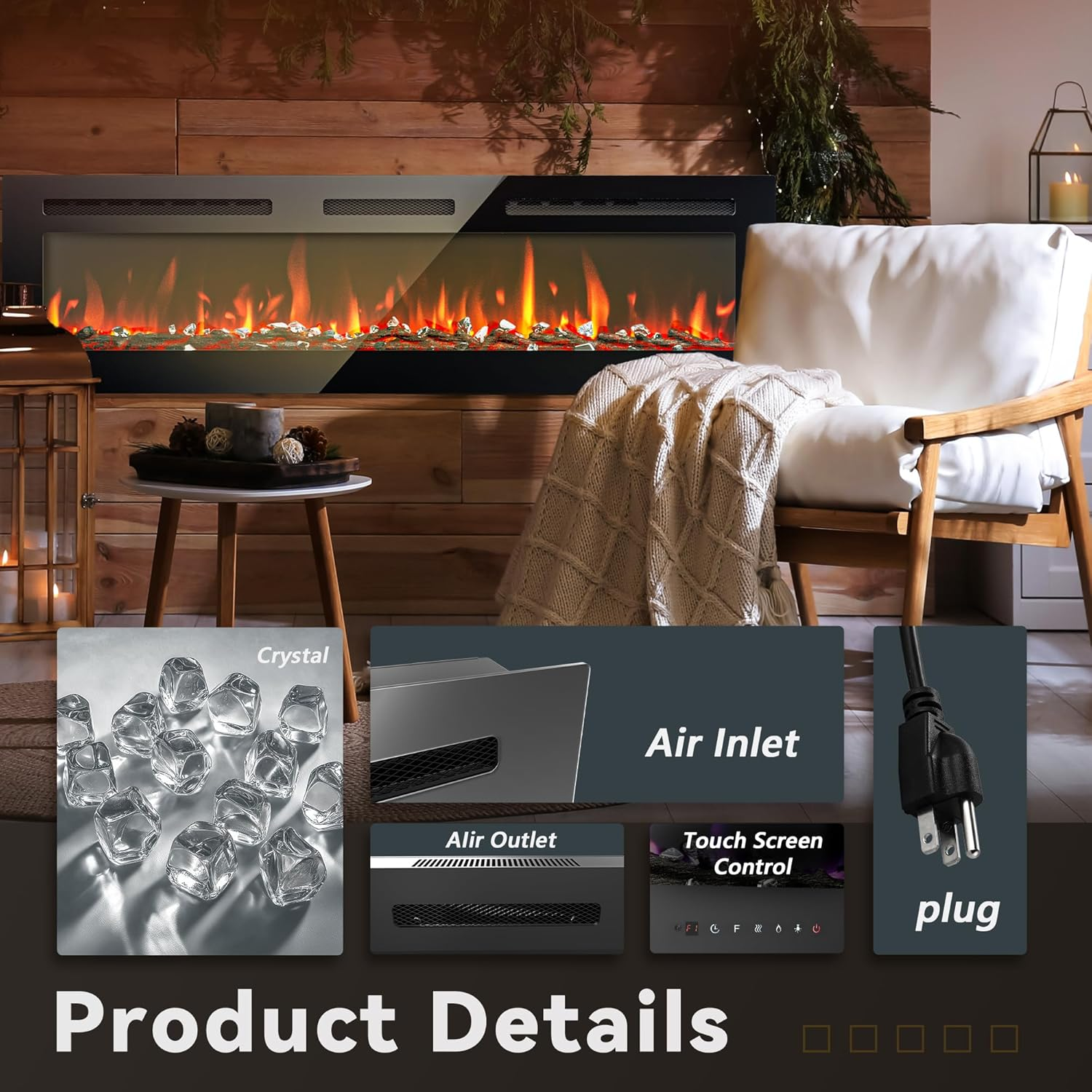 60 Inch Electric Fireplace Wall Recessed and Wall Mounted with Adjustable Flame Color, Fireplace Heater with Remote Control, Linear Fireplace with Timer, Touch Screen, Log & Crystal, 750/1500W